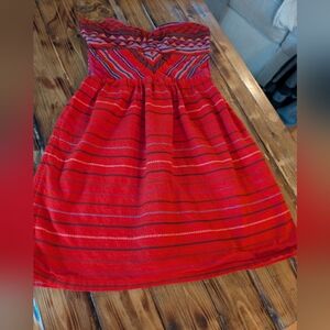134.Roxy‎ Red Strapless Dress with Patterned Bodice